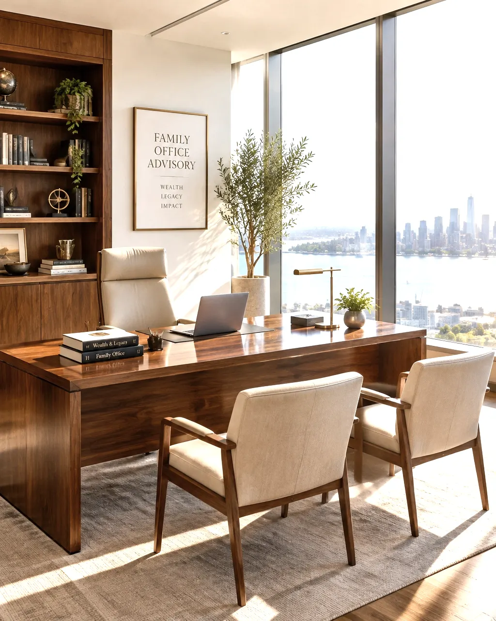 Bright sunlit executive office prepared for a family meeting