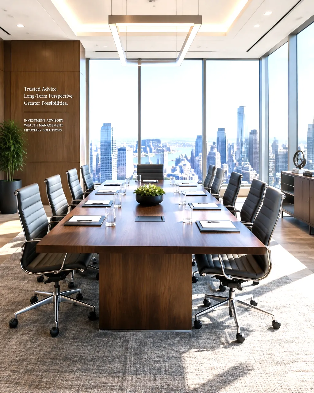 Bright professional advisory boardroom with city views